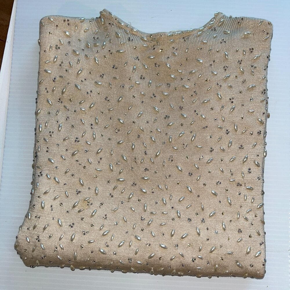 Vie by Victoria Royal Short Sleeve Silk Top Beading/Sequins, Ladies XL, Tan